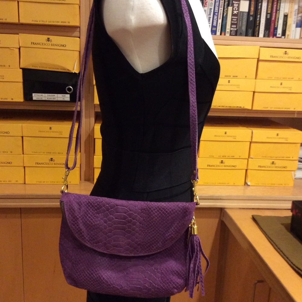 New Suede purple cross body bag. Made in Italy. Purchased in Paris, France.